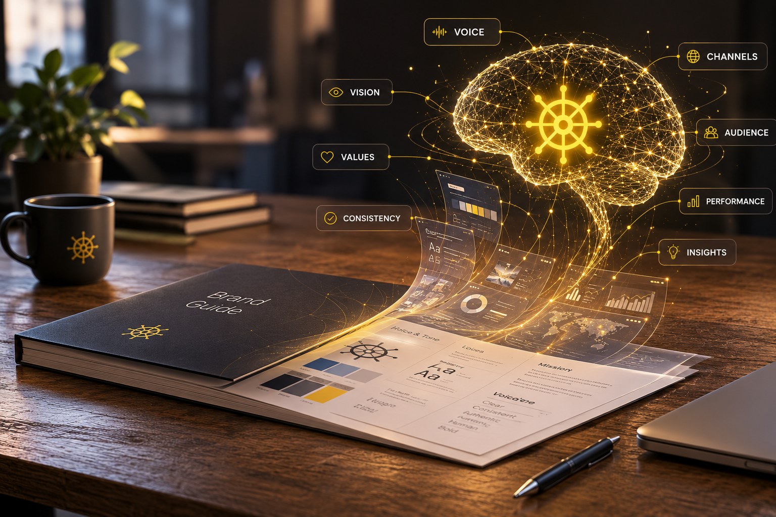 A brand guide open on a desk, its pages lifting into a glowing network shaped like a brain, labelled with vision, values, voice, channels, audience, performance and insights.