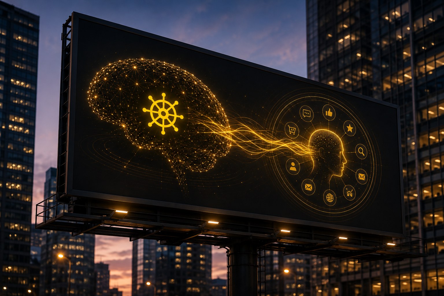 A city billboard at dusk showing a glowing brain wired to a human profile surrounded by icons for search, mail, reviews, and commerce.